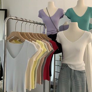 显瘦甜辣妹上衣2855 纯色V领坑条短袖 针织衫 女夏季 修身