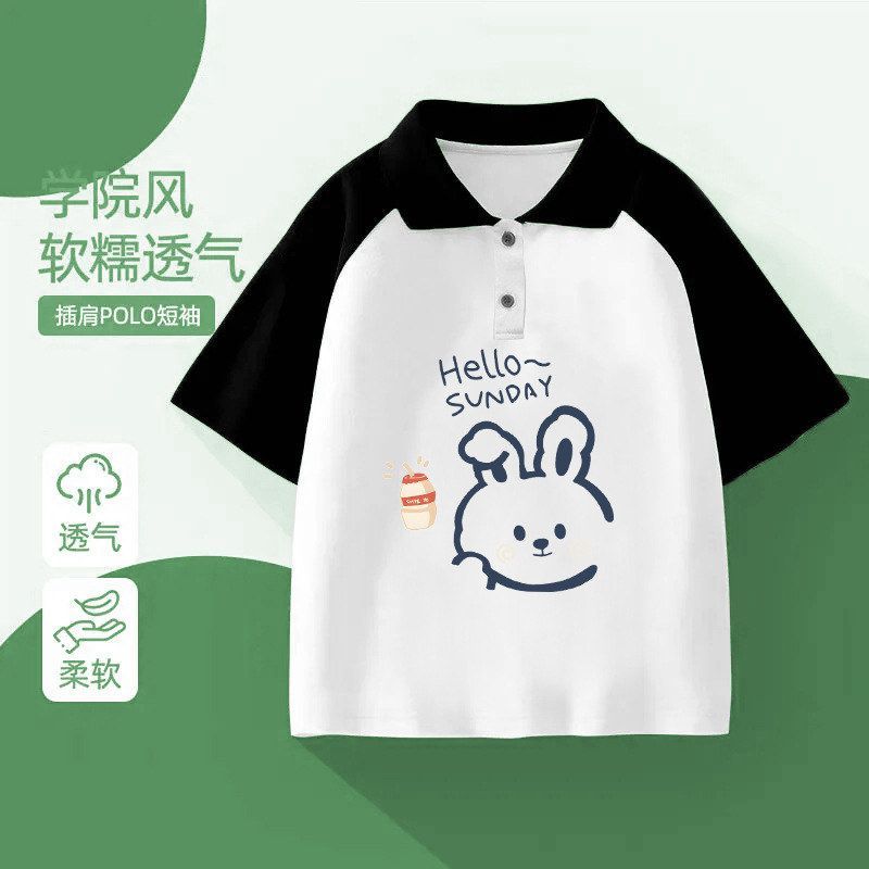 T恤衫女童花上衣纯棉新款P短袖卡通OLO夏季翻领拼接中大童洋气印