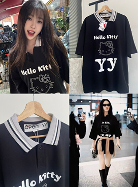 虞书欣杨超越同款OpenYY联名hellKitty印花宽松翻领短袖polo衫T恤