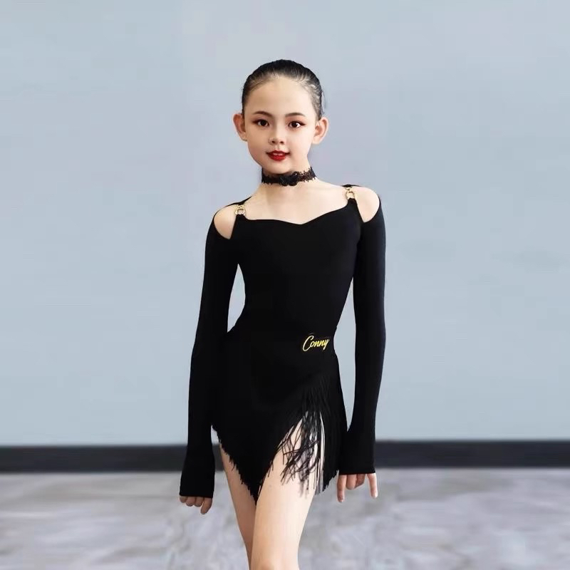 CONNY拉丁舞服女舞蹈训练功连体上衣长袖流苏裙儿童黑色上课套装