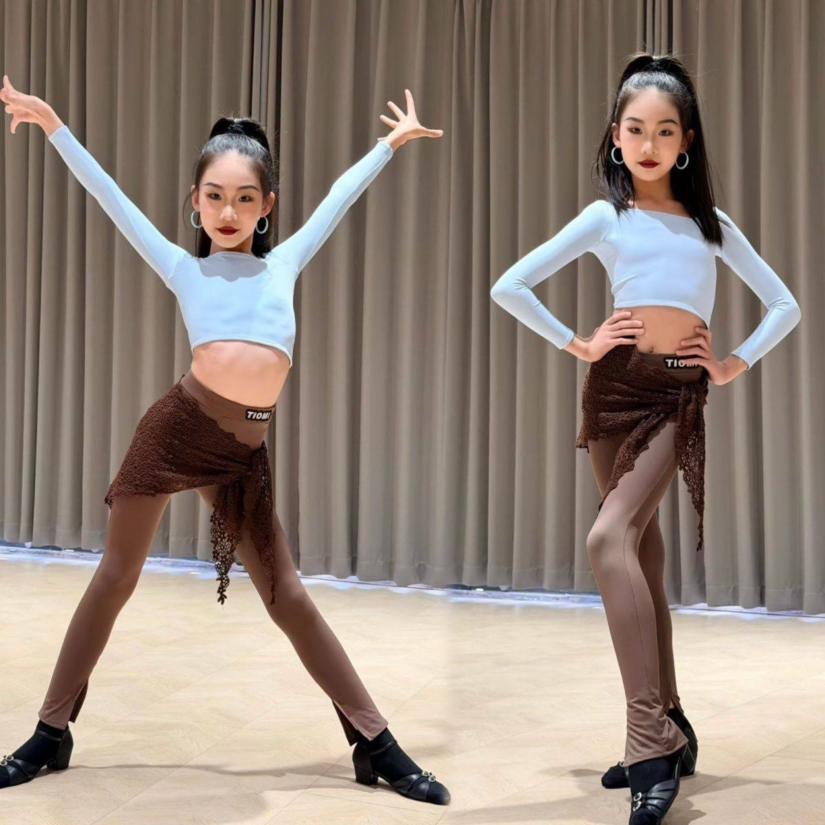 Tiomi舞服风帆舞蹈少儿拉丁舞秋冬长袖裤子套装臀保暖袜套练习服