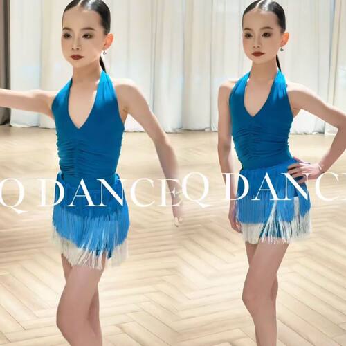 SQ舞服少儿拉丁舞春夏新品挂脖渐变流苏女童跳舞练习服套装班服