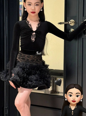 SQ舞服少儿拉丁舞秋冬黑色蕾丝长袖丝绒蓬蓬裙大摆分体练习服