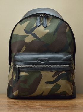 进口迷彩帆布真皮双肩背包  欧美街头朋克军旅运动头层牛皮电脑包