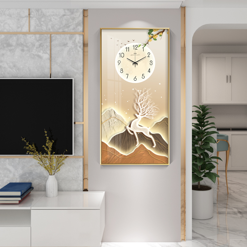 现代轻奢餐厅挂钟客厅2024新款餐桌装饰画钟表挂画时钟福鹿寓意好图片
