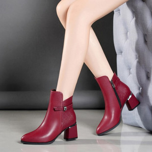 蜀姬百丽2024秋冬季 真皮高跟短靴粗跟欧美马丁靴加绒休闲女靴 新款