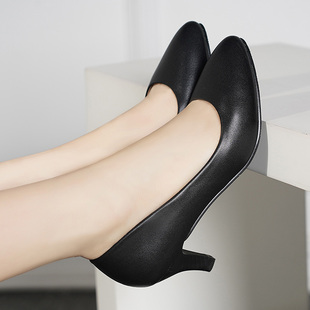 浅口尖头高跟百搭工作女单鞋 真皮中跟女鞋 新款 露姿百丽2024春秋季