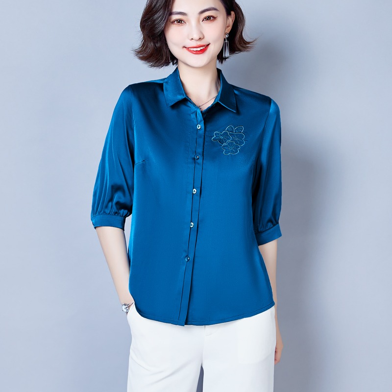 中年妈妈真丝衬衫女2025夏季新款高级感七分袖上衣桑蚕丝衬衣女款