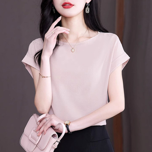 遮肚子上衣宽松正肩t恤百搭小衫 冰丝雪纺衫 夏季 2025年新款 女短袖