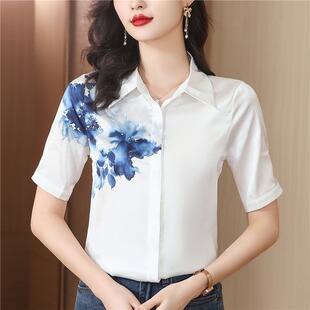 杭州真丝衬衫女上衣2025夏季新款短袖水墨印花桑蚕丝衬衣妈妈小衫