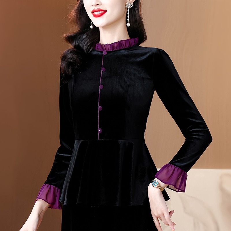 收腰百搭套头长袖收件人拼接衬衫