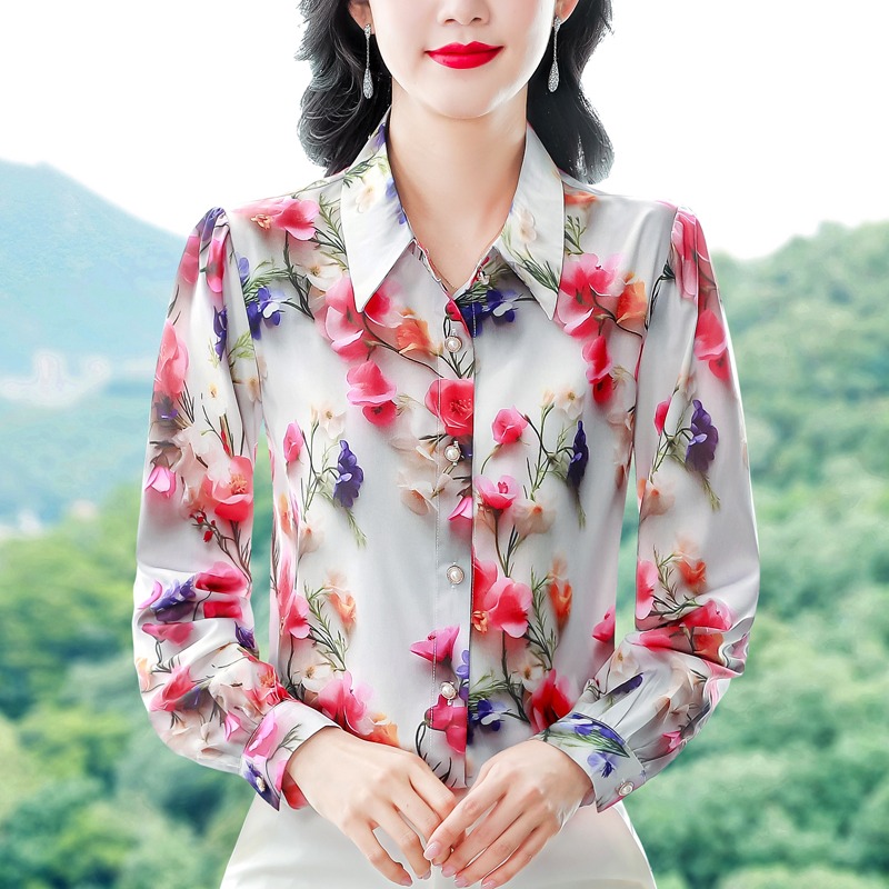 杭州高端大牌真丝长袖碎花衬衫女春秋小衫宽松妈妈衬衣桑蚕丝上衣