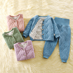 婴儿加棉护肚套装宝宝无骨保暖内衣男童女童秋冬家居服加厚睡衣