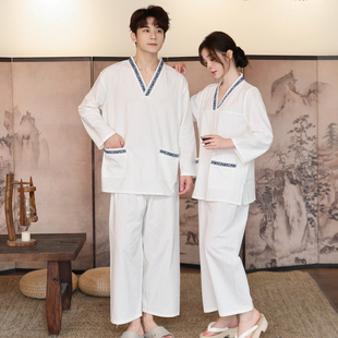 白色纯棉汗蒸服长袖家居服睡衣高档桑拿按摩服洗浴中心男女情侣浴