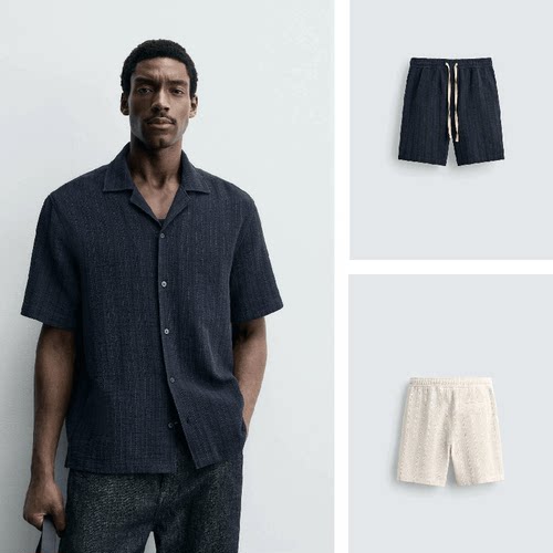 ZA2026春夏男提花短袖衬衫套装