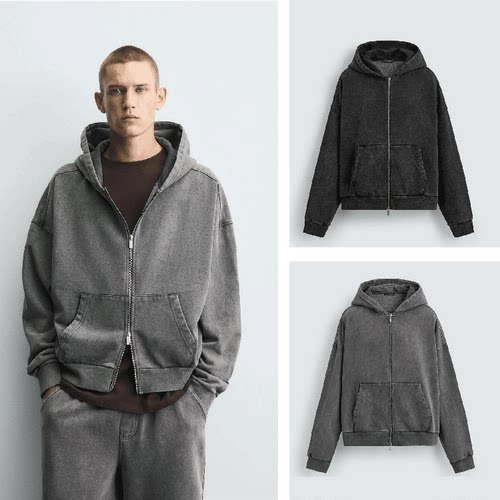 宽松休闲水洗连帽拉链卫衣开衫