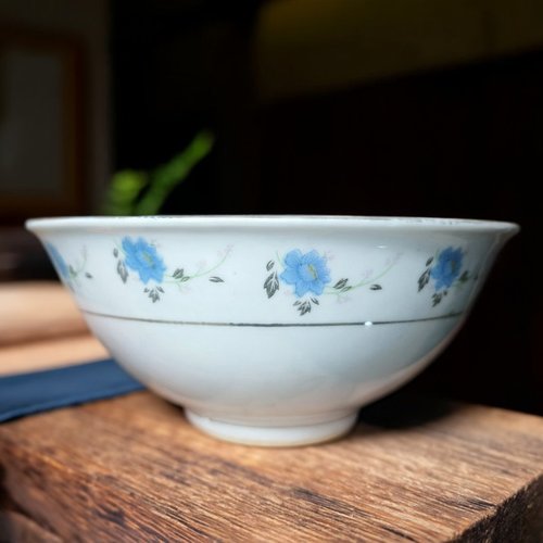 景德镇小蓝花翻口不烫手老瓷饭碗