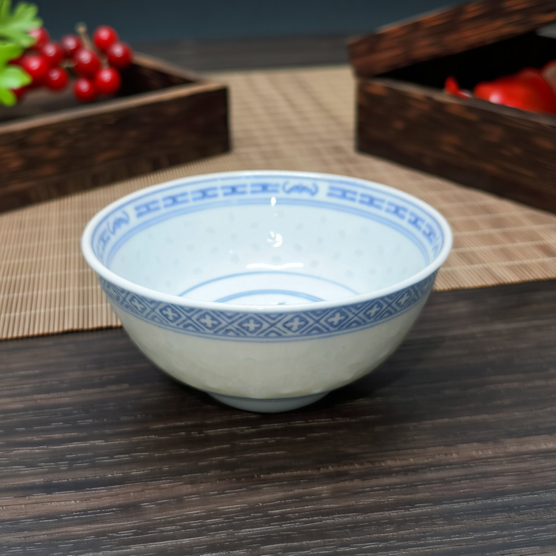 包老/景德镇567老厂瓷/不烫手高温釉下彩青花玲珑4.5英寸直口饭碗