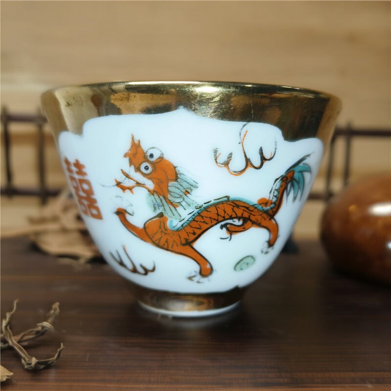包老景德镇567老厂货瓷/手绘粉彩龙凤金斗方品茗二缸盅普洱茶杯