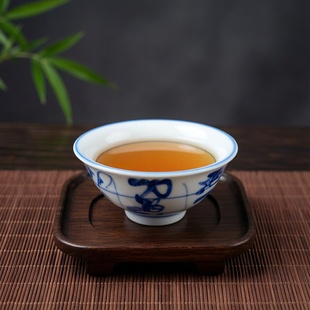 景德镇厂货瓷/景德古窑手绘老茶花青花刀字纹正德茶盅/翻口小茶碗