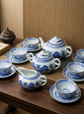 景德镇青花梧桐15头三扁咖啡茶具