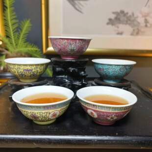 回流景德镇厂货瓷/草帽款手绘细工粉彩洋莲万寿无疆茶碗茶盏