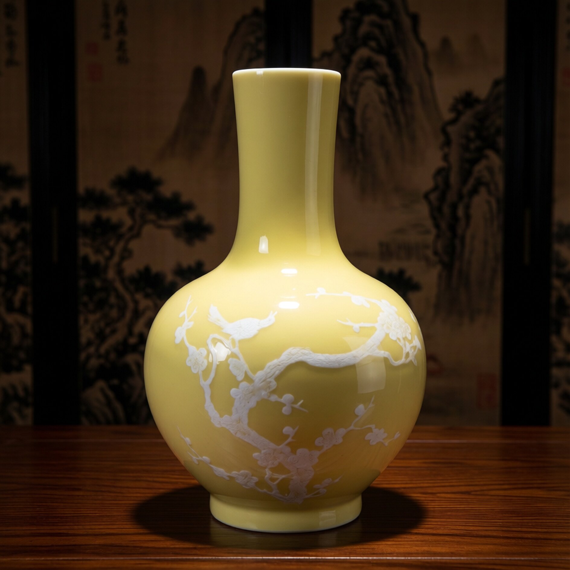 景德镇厂货瓷/建国瓷厂原矿料高温颜色釉黄釉堆花喜上眉梢天球瓶