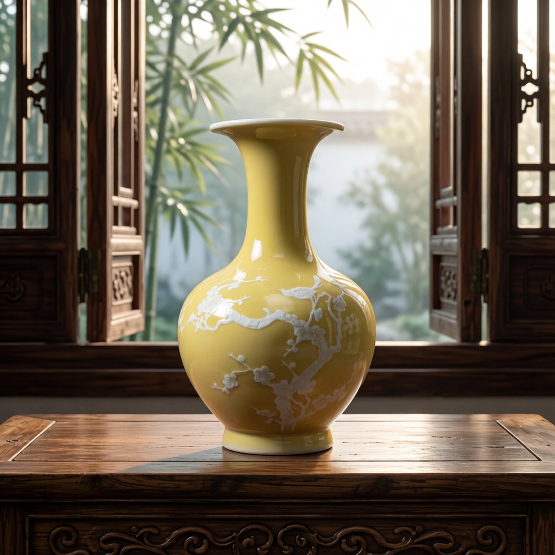 景德镇厂货瓷/建国瓷厂原矿料高温颜色釉黄釉堆花喜上眉梢赏瓶