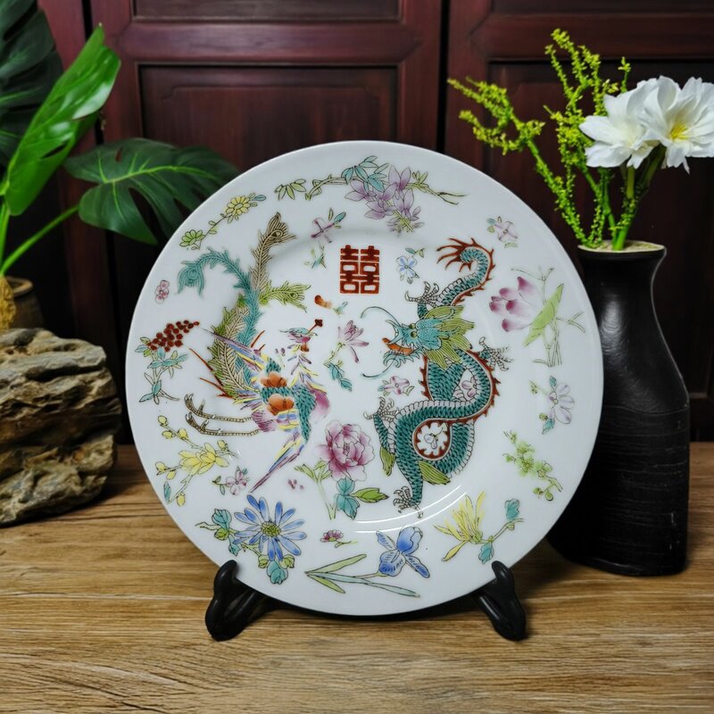 包老/景德镇567老厂瓷/手绘粉彩龙凤双喜7英寸婚庆装饰收藏瓷盘