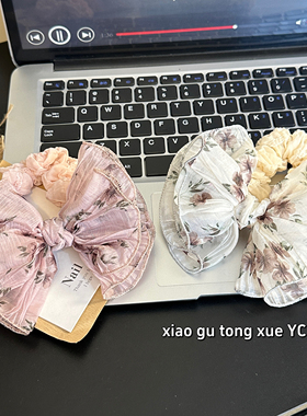 新款温柔纺纱大号粉色碎花发圈