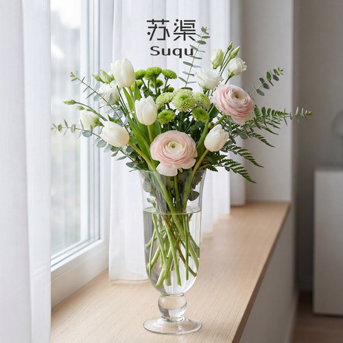 苏渠简约高脚玻璃水培花瓶摆件