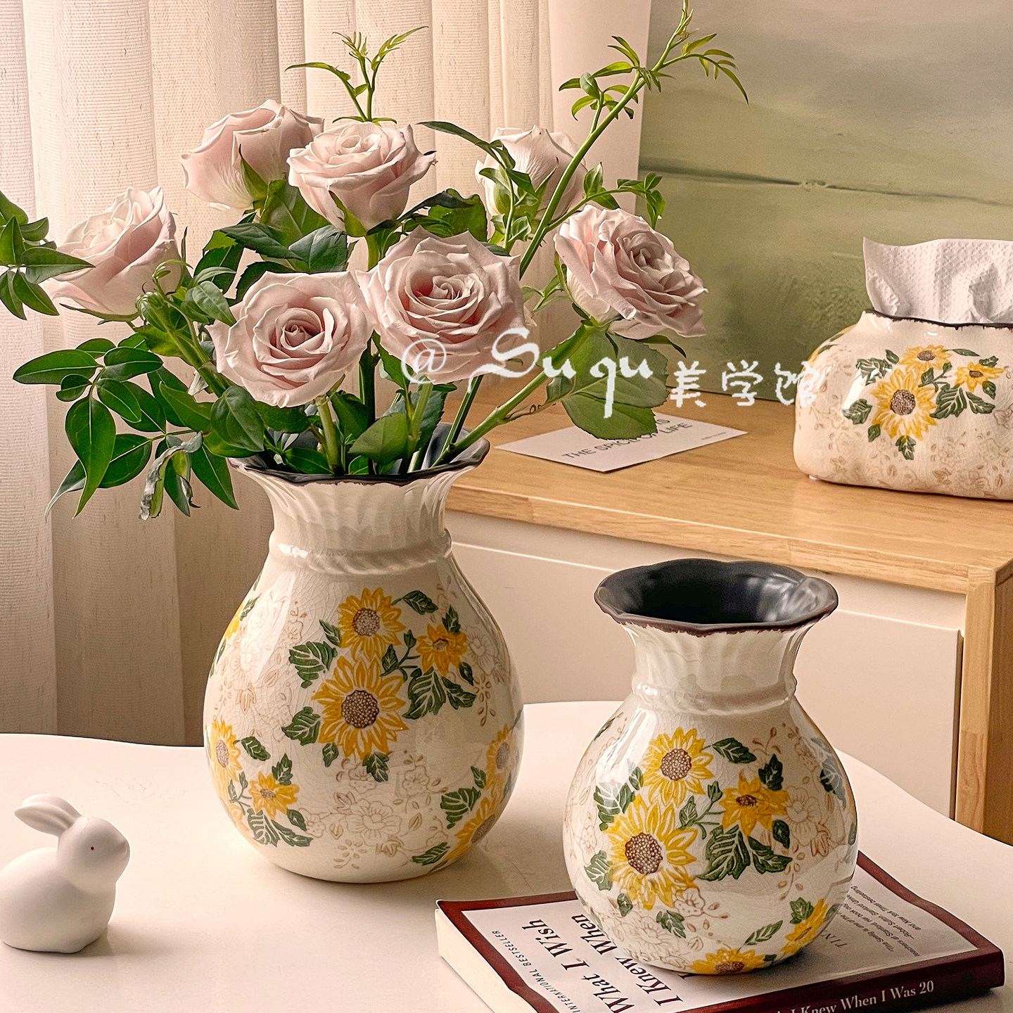 美式田园风冰裂纹陶瓷花瓶创意水养鲜花玫瑰客厅茶几插花摆件复古