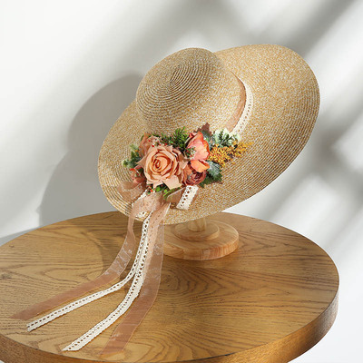 法式复古田园风花朵大帽檐遮阳草帽女春夏三亚沙滩海边防晒太阳帽