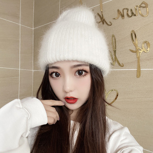 韩版多色兔毛混纺毛线帽子女秋冬可爱百搭保暖针织帽护耳冷帽女潮