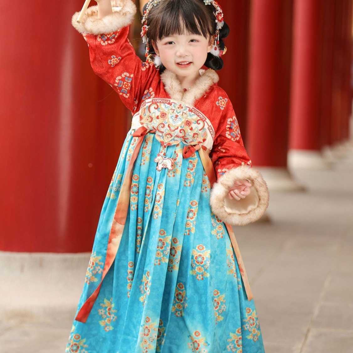贝优可正品新款加绒汉服女童儿童加厚连衣裙儿童唐装国风喜庆年服