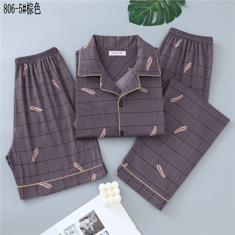 睡衣纯棉男士夏季三件套短袖短裤长裤中青年春夏天薄款外穿家居服