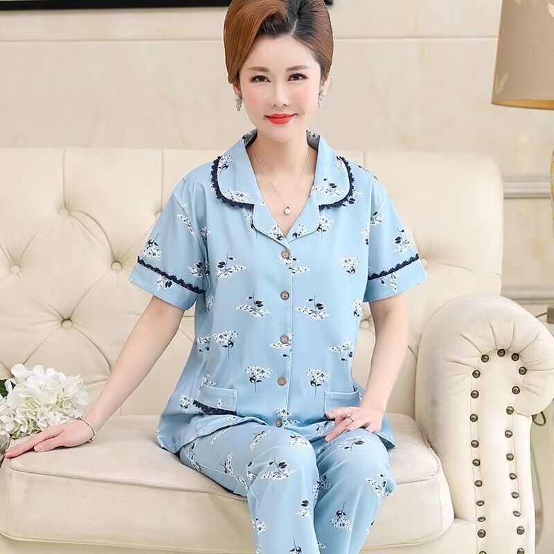睡衣妇女夏季100%纯棉薄款短袖长裤加肥中年妈妈款中老年人套装