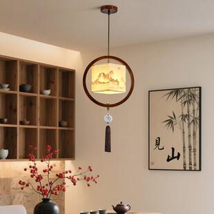 宋式美学吊灯卧室床头复古茶室中古风禅意小吊灯手绘竹子布艺吊灯