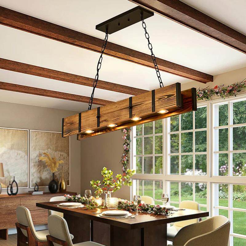 跨境复古美式木艺一字餐厅吊灯工业风火锅店吧台实木做旧投光射灯