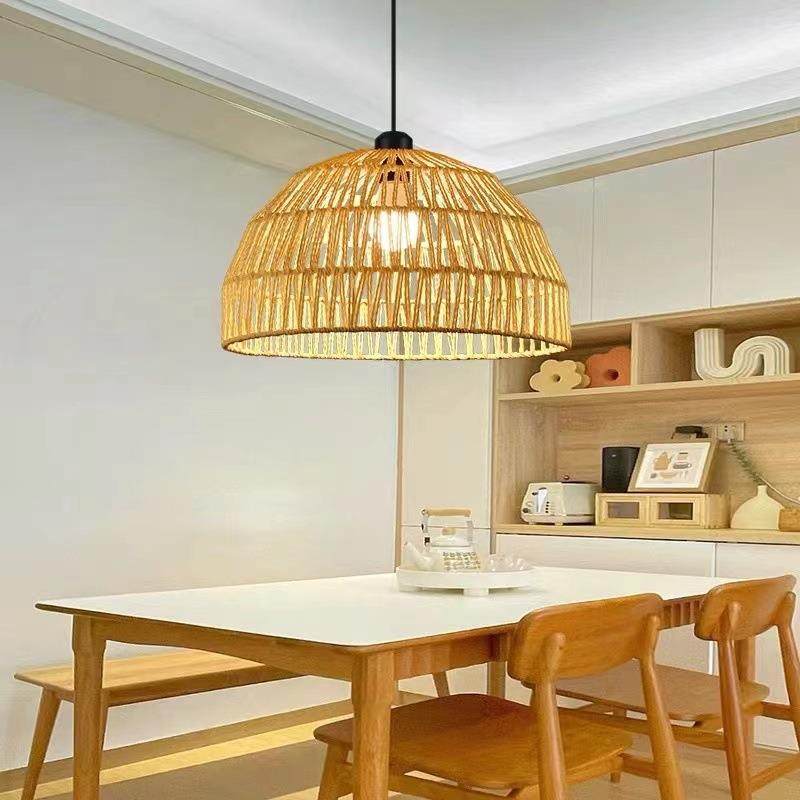 日式餐厅灯奶油风卧室灯复古民宿藤艺灯客厅吧台长条餐桌麻绳吊灯