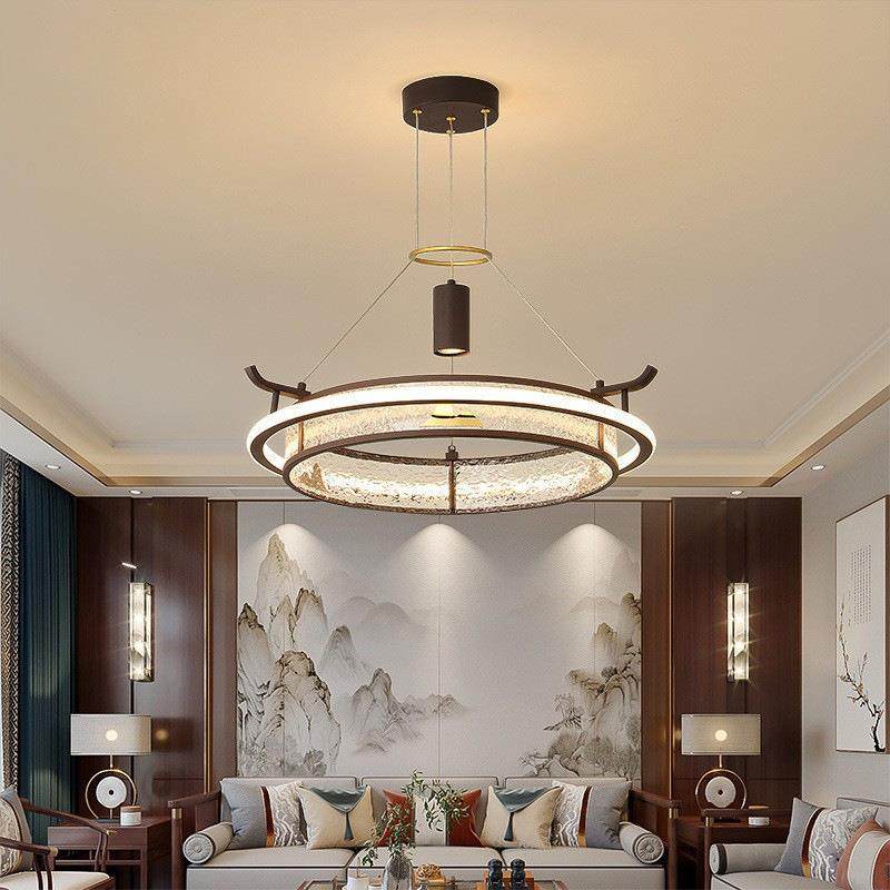 新中式客厅吊灯圆形LED餐厅饭店包房吊灯酒店会所复式楼茶室吊灯