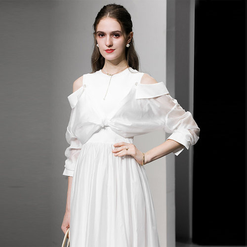 时尚春夏女装2026气质白色露肩长袖收腰显瘦衬衫连衣裙长裙裙子女
