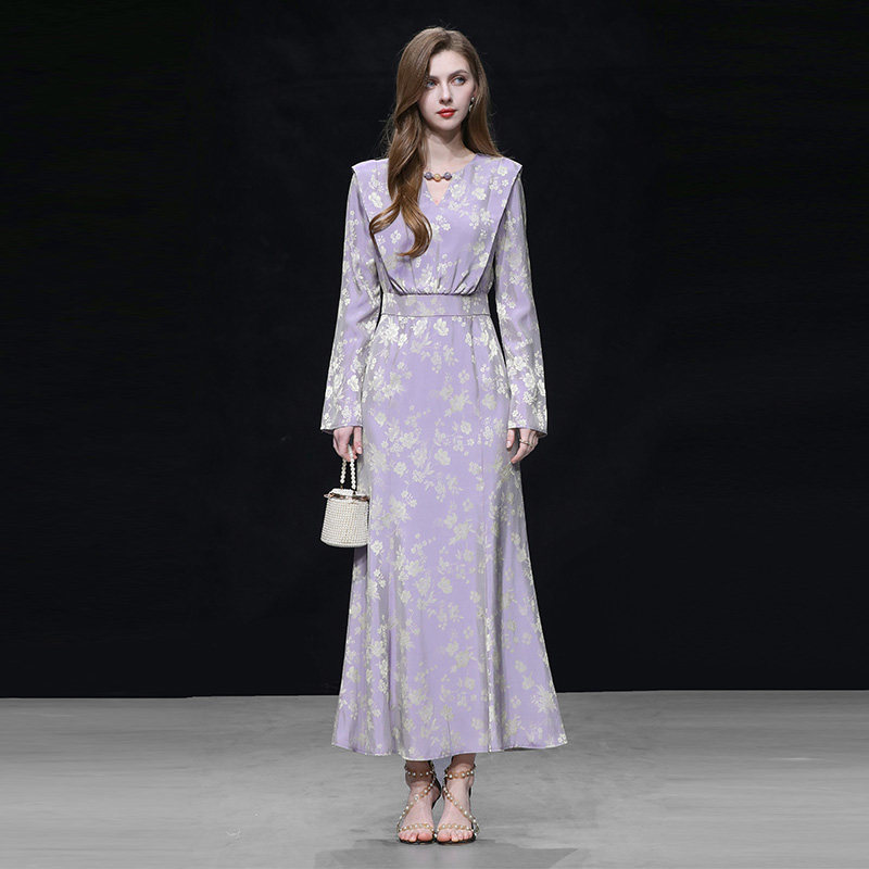 2026春季新款气质优雅法式V领A字长袖修身包臀荷叶边提花连衣裙女,女装/女士精品,连衣裙,淘宝优惠券,粉丝福利购,淘宝优惠卷