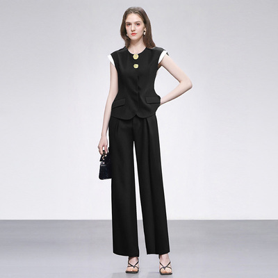 2025夏季新款御姐气质设计感修身马甲+高腰垂感宽松阔腿西裤套装