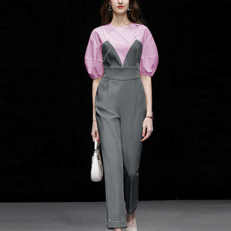 夏季女装2026新款时尚休闲撞色灯笼袖高腰连体裤连衣裤九分裤清