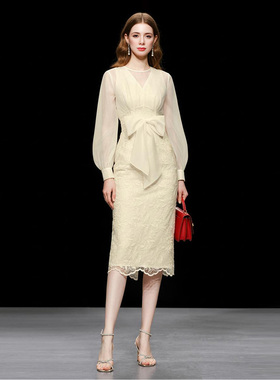 春装女装2026新款气质法式蕾丝长袖收腰显瘦中长款连衣裙长裙裙子