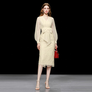 女装 收腰显瘦中长款 2026新款 蕾丝长袖 连衣裙长裙裙子 气质法式 春装