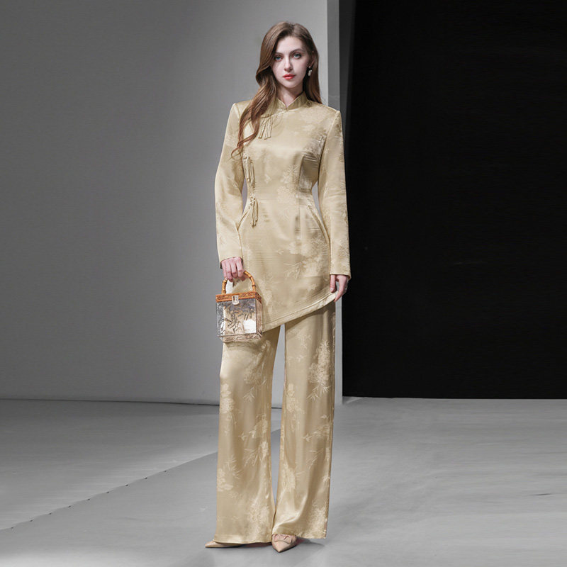 2026春新款新中式国风提花灯笼袖上衣+高腰阔腿人丝提花长裤套装