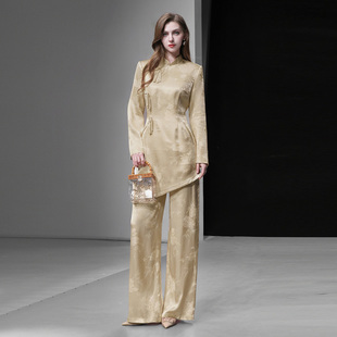 2026春新款新中式国风提花灯笼袖上衣+高腰阔腿人丝提花长裤套装