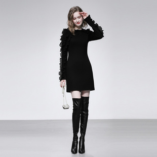 气质圆领长袖 时尚 贴花边收腰显瘦直筒针织连衣裙女 新款 2025年冬季
